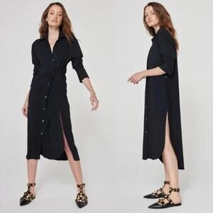 NWT Ona Olivia Long Sleeve Side Slits Oversized Convertible Shirt Dress Black